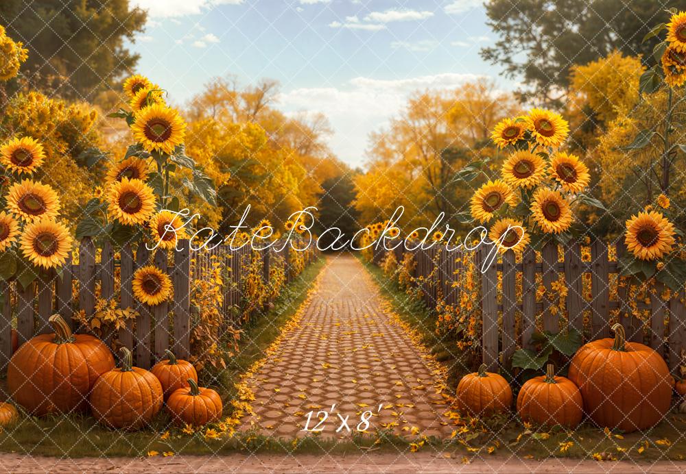 Kate Autumn Sunflower Pumpkin Cobblestone Path Fleece Backdrop Designed by Emetselch -UK