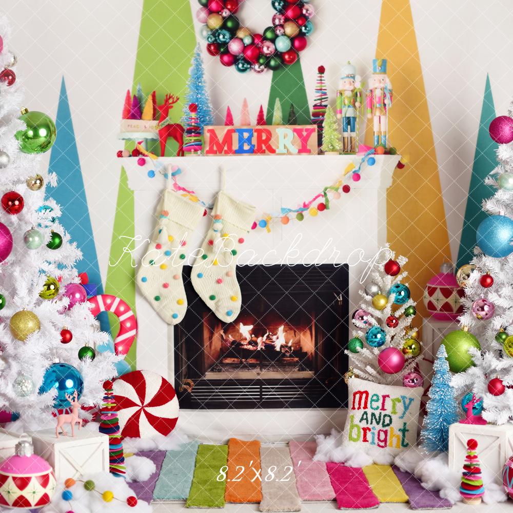 Kate Christmas Fireplace Bright Decorations Backdrop Designed by Mandy Ringe Photography -UK