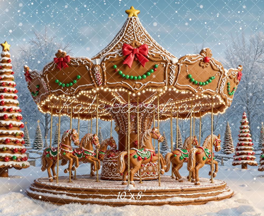 Kate Christmas Carousel Gingerbread Trees Snow Fleece Backdrop Designed by Emetselch -UK