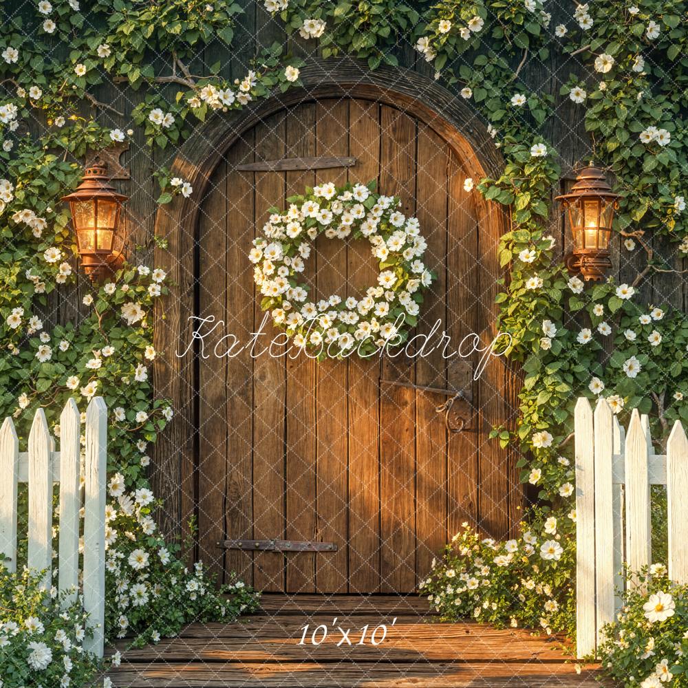 Kate Floral Arch Wooden Door Lanterns Backdrop Designed by Emetselch -UK