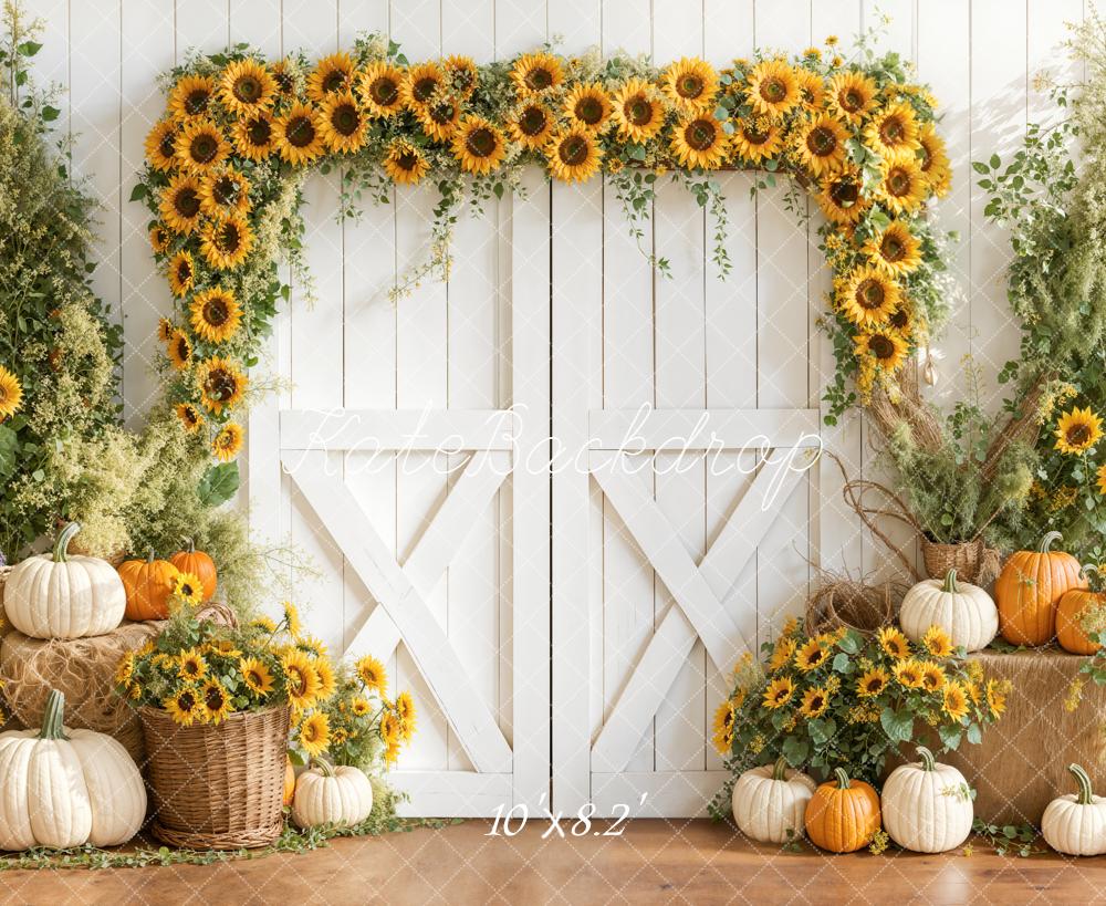 Kate Sunflower Arch Pumpkins White Barn Backdrop Designed by Emetselch