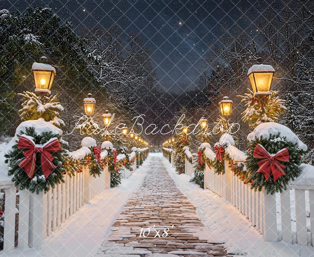 Kate Christmas Snowy Bridge Lanterns Fleece Backdrop Designed by Emetselch -UK