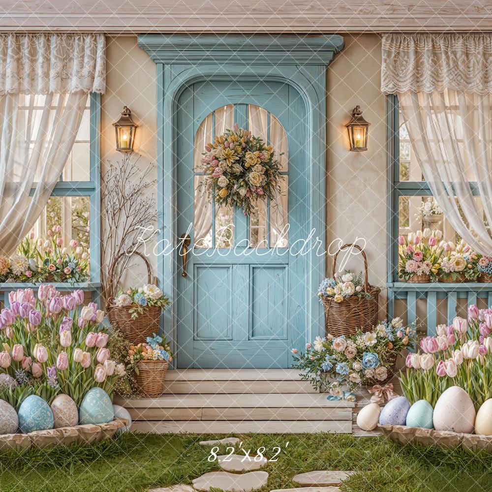 Kate Easter Eggs Pastel Floral Blue Door Backdrop Designed by Emetselch -UK