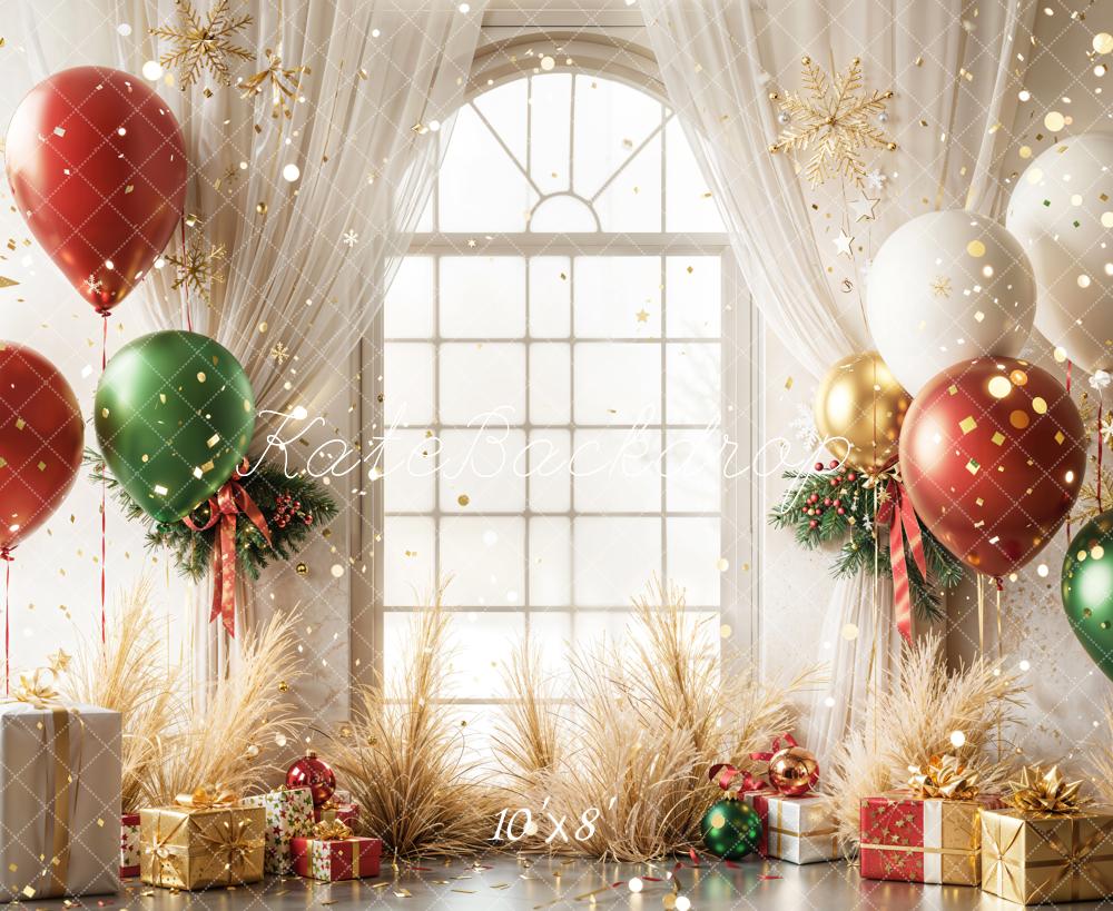 Kate Christmas Balloons Window Gifts Fleece Backdrop Designed by Emetselch -UK
