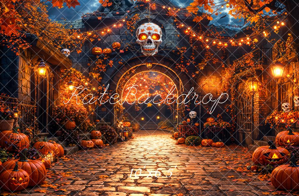 Kate Halloween Pumpkins Skull Cobblestone Path Backdrop Designed by Emetselch -UK