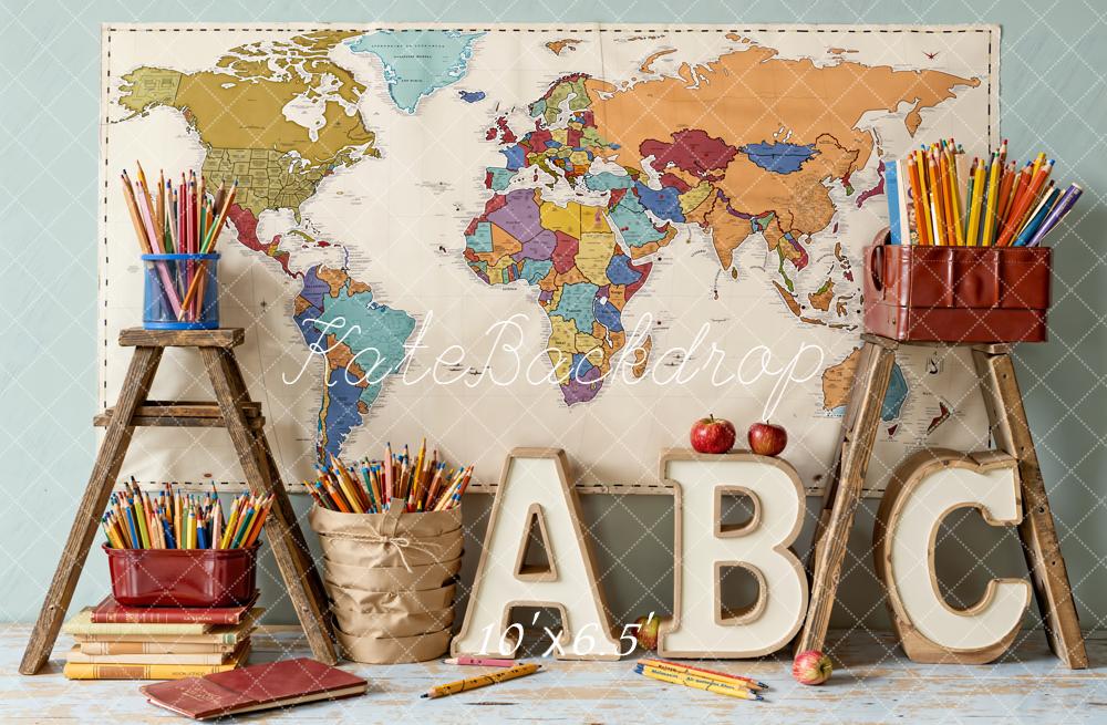 Kate Back To School World Map Pencils Backdrop Designed by Emetselch -UK