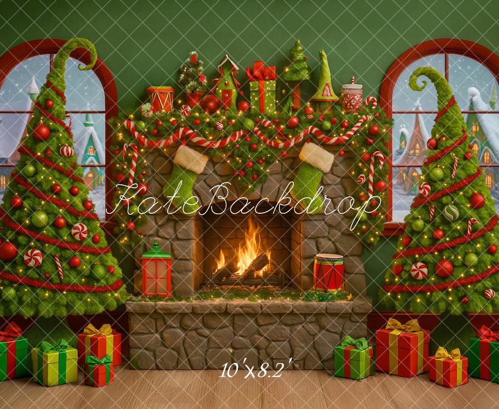 Kate Christmas Fireplace Curved Trees Presents Backdrop Designed by Ashley Paul
