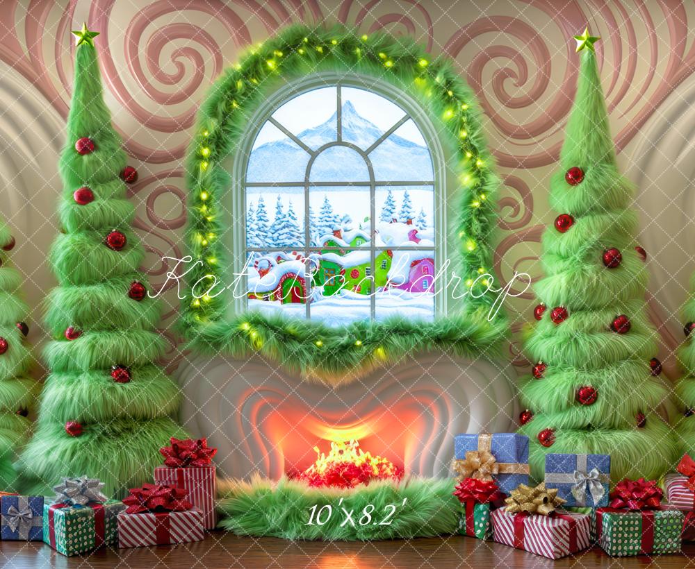 Kate Christmas Green Trees Fireplace Window Backdrop Designed by Mini MakeBelieve