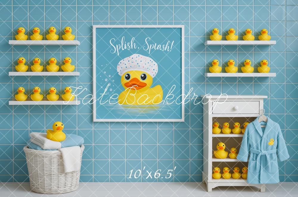 Kate Duck Bathrobe Blue Tiles Backdrop Designed by Patty Robert -UK