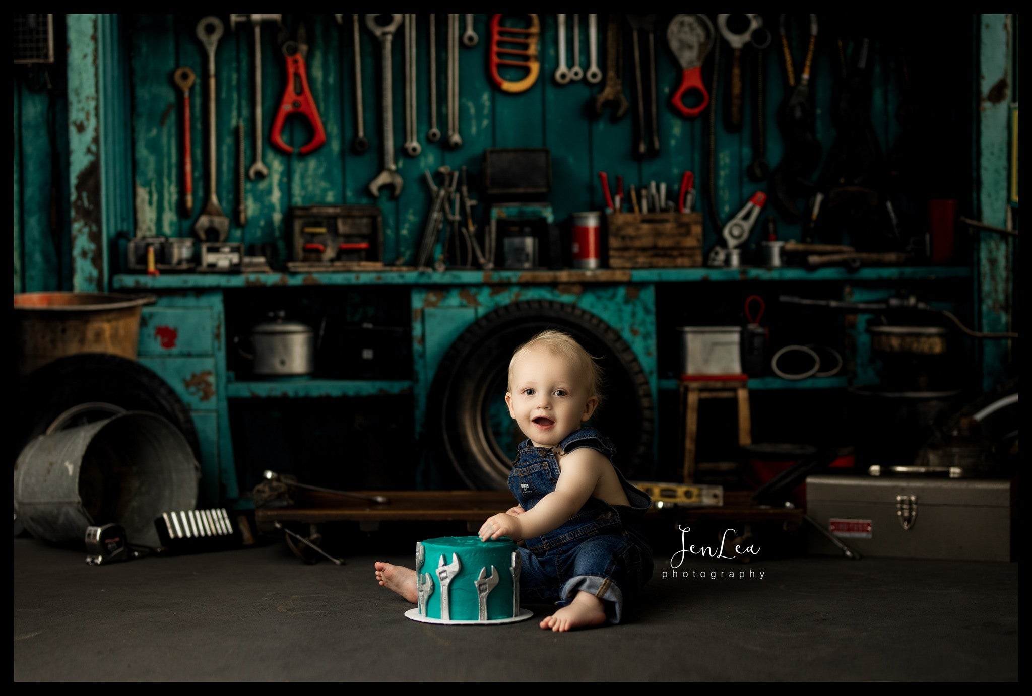 Kate Industrial Vintage Garage Tools Tire Backdrop Designed by Emetselch