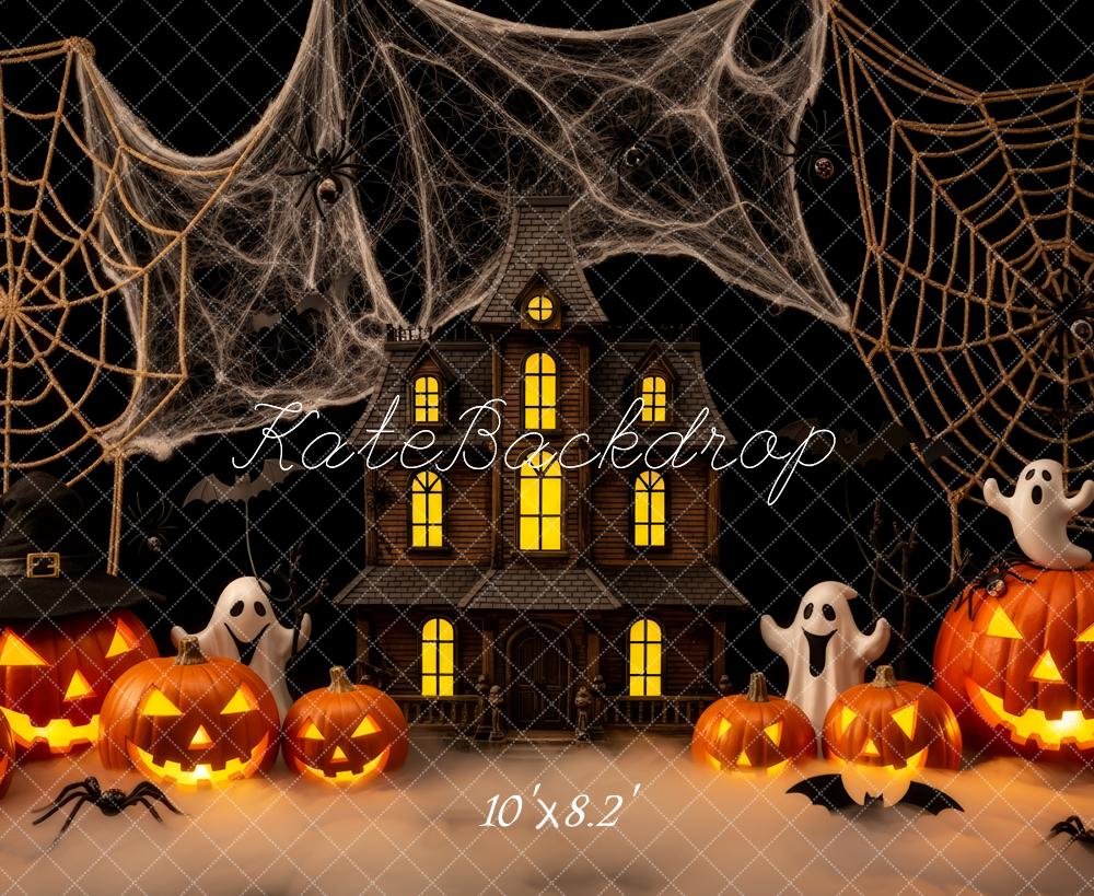 Kate Halloween Haunted House Pumpkins Spider Webs Backdrop Designed by Patty Robert