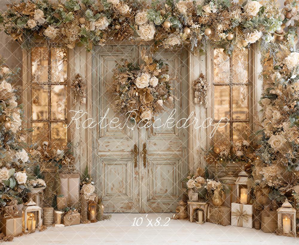 Kate Christmas Floral Garland Vintage Door Lanterns Backdrop Designed by Ashley Paul