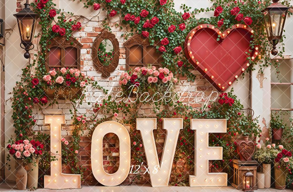 Kate Valentine Love Red Roses Heart Brick Wall Backdrop Designed by Emetselch -UK