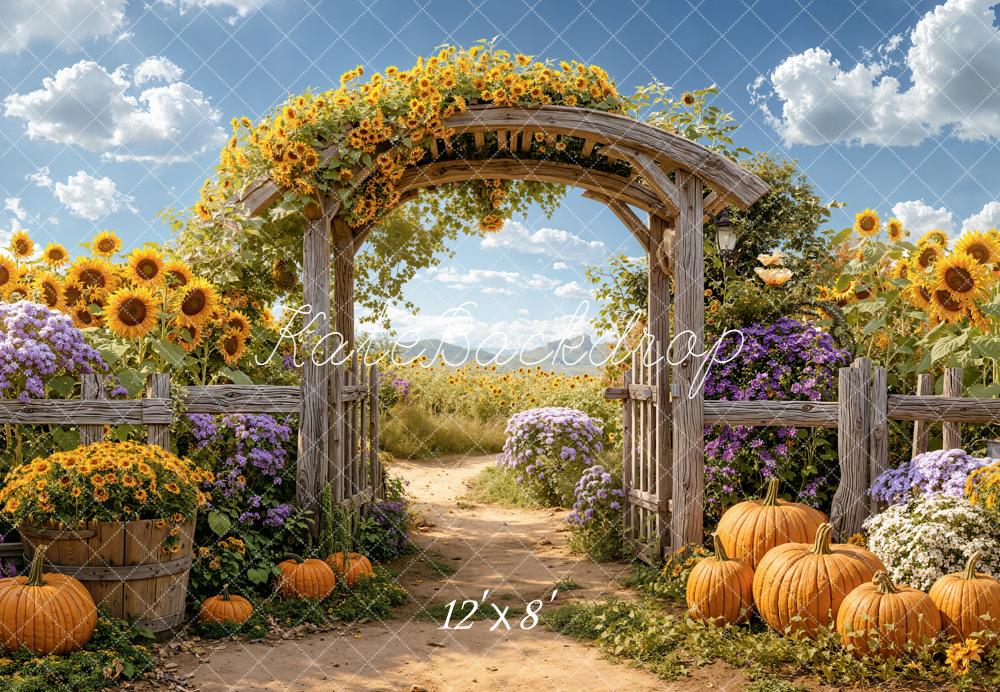 Kate Autumn Sunflower Arch Pumpkins Garden Fleece Backdrop Designed by Emetselch -UK