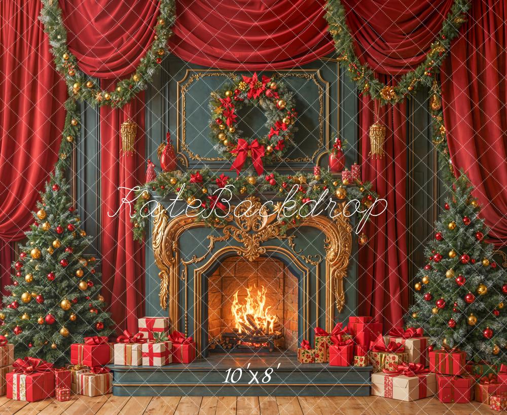 Kate Christmas Fireplace Tree Gifts Red Curtains Fleece Backdrop Designed by Emetselch