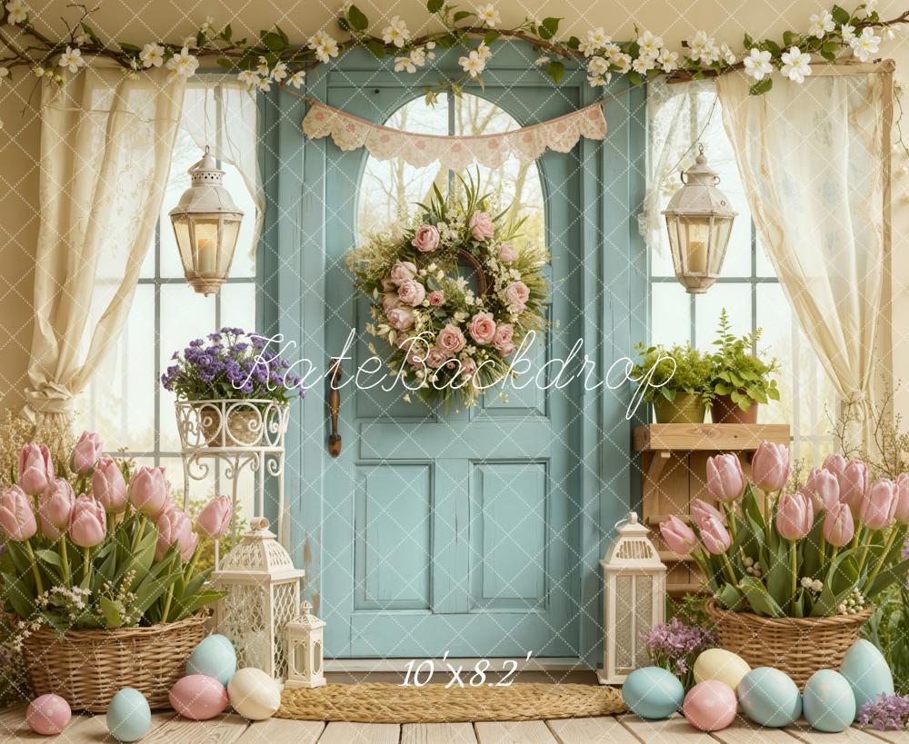 Kate Easter Pastel Eggs Tulips Blue Door Backdrop Designed by Emetselch -UK
