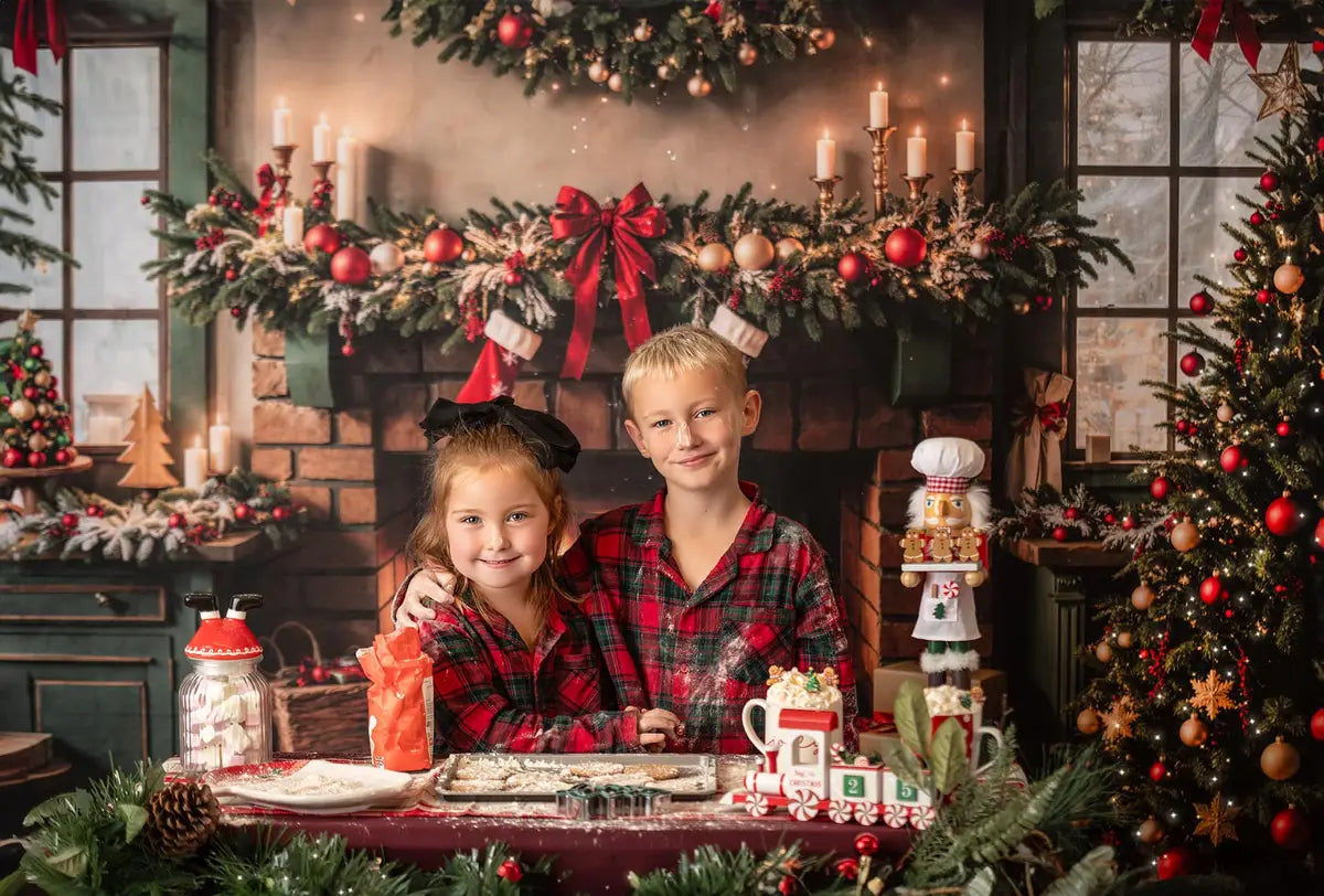 Kate Green Christmas Kitchen Fireplace Backdrop Designed by Emetselch