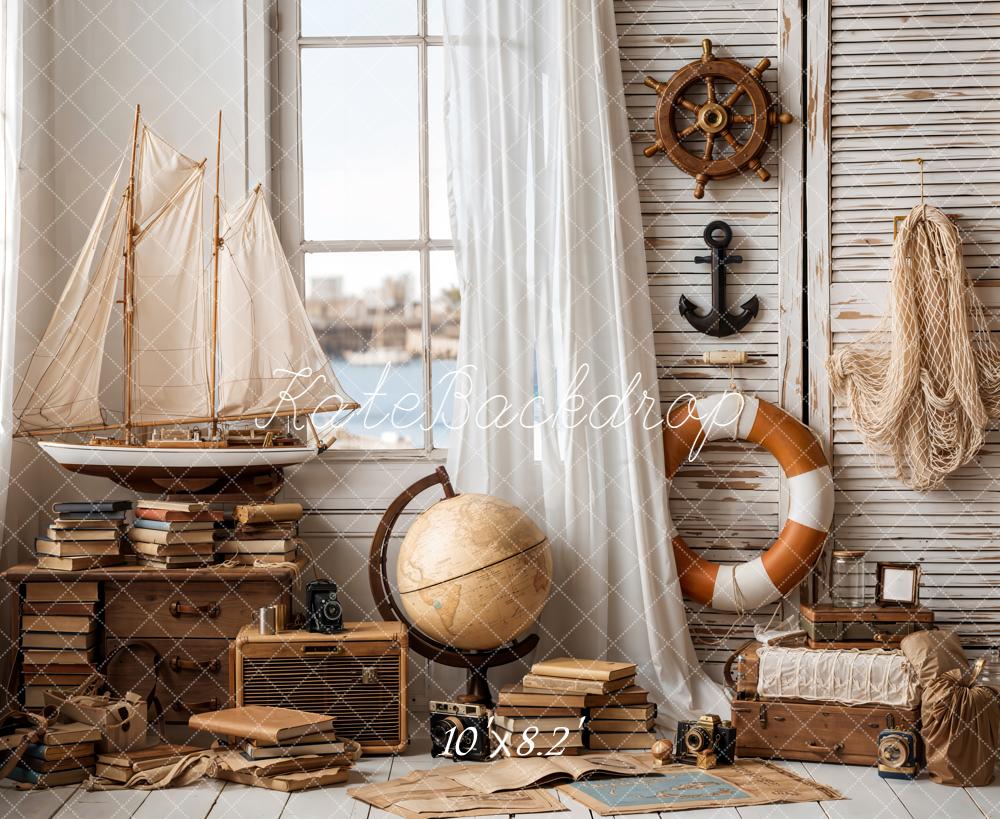 Kate Nautical Sailboat Lifebuoy Globe Vintage Backdrop Designed by Emetselch