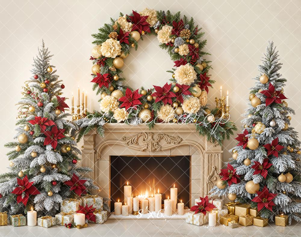 Kate Christmas Fireplace Wreath Candlelight Trees Fleece Backdrop Designed by Emetselch -UK