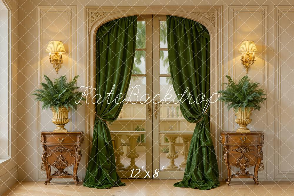 Kate Vintage French Window Green Curtains Plants Backdrop Designed by Emetselch