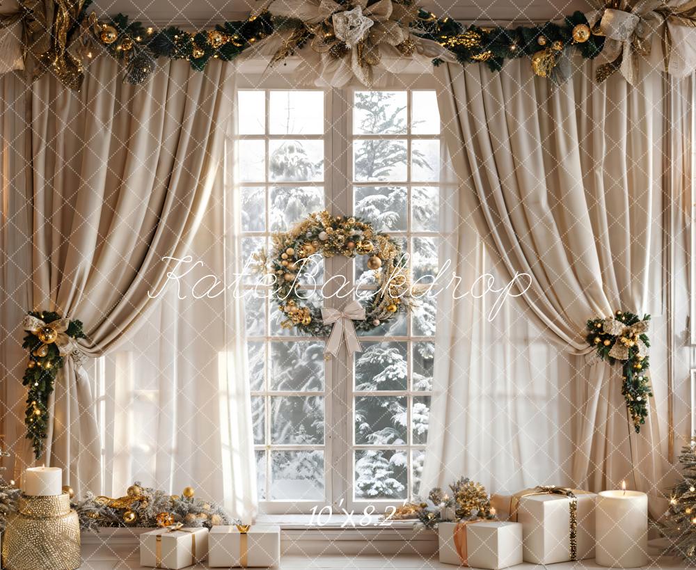 Kate Christmas Beige Curtain White Window Backdrop Designed by Emetselch -UK