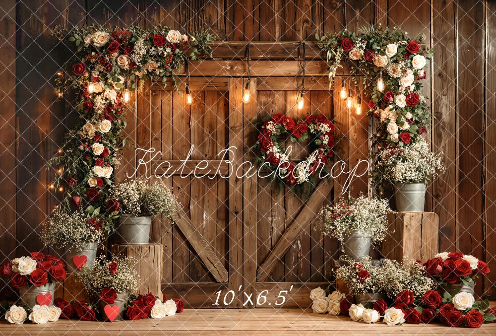 Kate Flower Arch Red White Roses Rustic Wood Fleece Backdrop Designed by Emetselch -UK