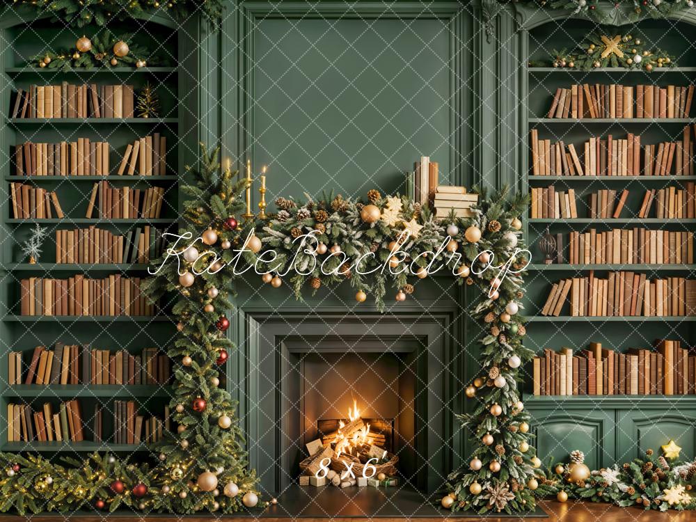 Kate Christmas Fireplace Bookshelves Green Fleece Backdrop Designed by Emetselch -UK