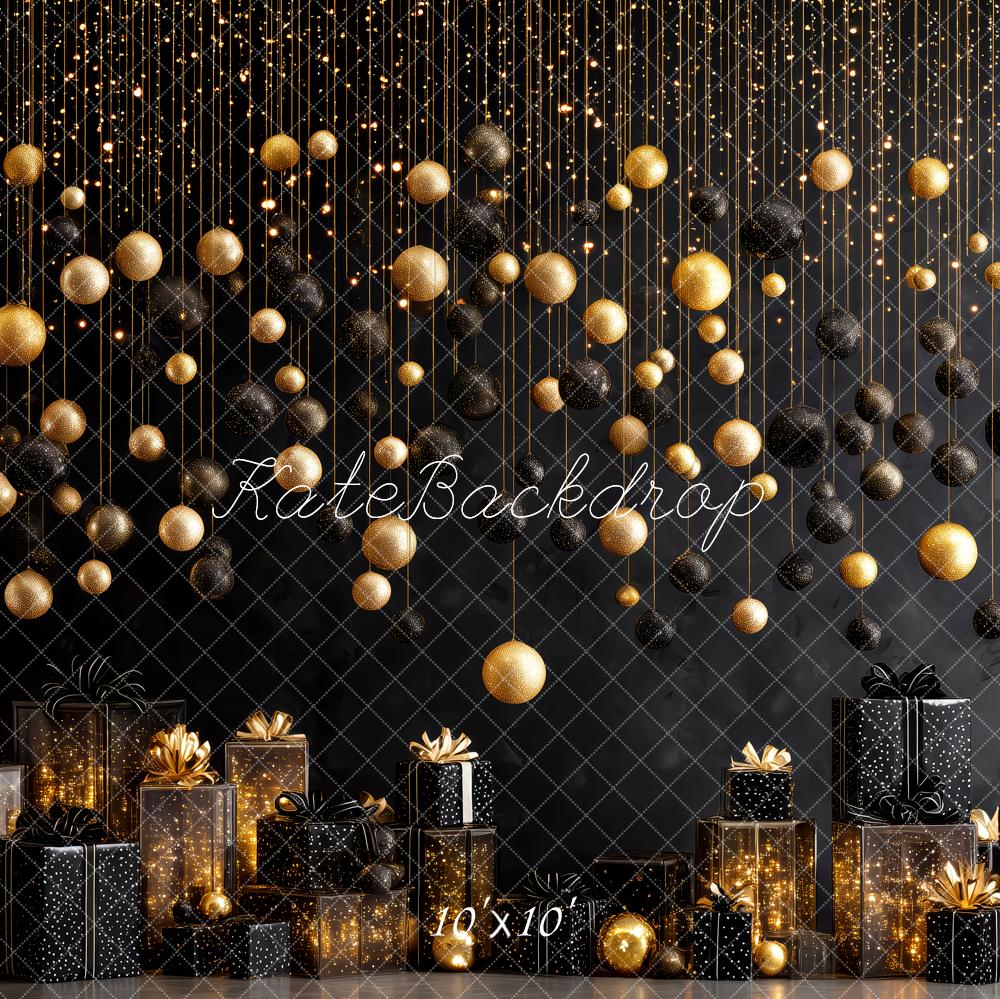 Kate Christmas Gold Black Baubles Presents Backdrop Designed by Patty Robert
