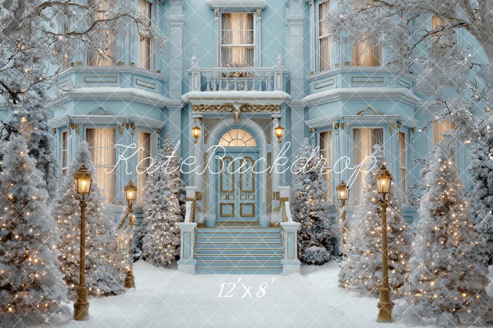 Kate Winter Blue Mansion Snow Lights Backdrop Designed by Ashley Paul