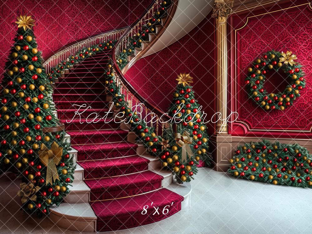 Kate Christmas Trees Cascading Stairs Red Backdrop Designed by Mini MakeBelieve -UK