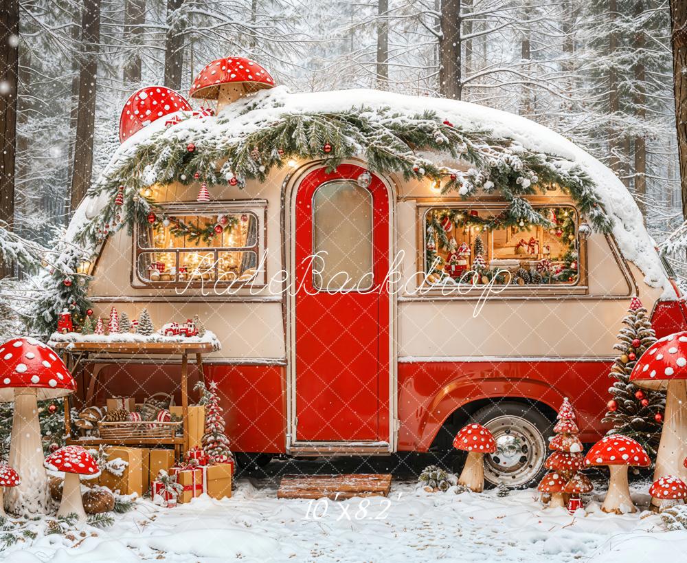 Kate Christmas Caravan Snowy Forest Mushrooms Backdrop Designed by Emetselch -UK