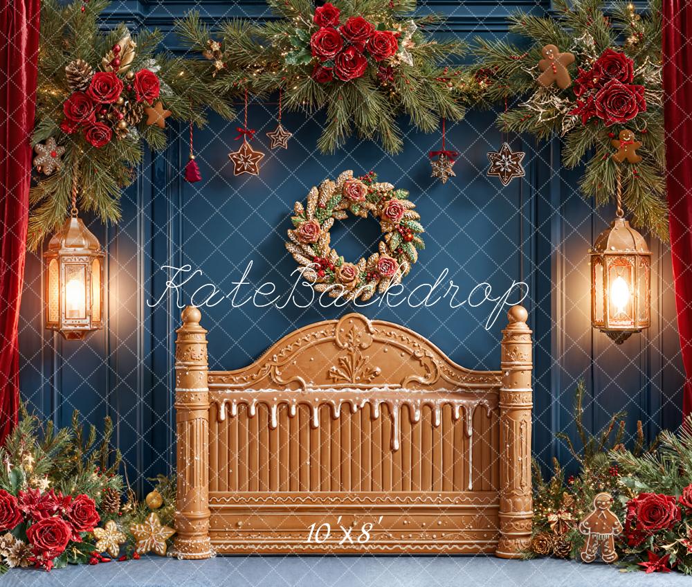 Kate Christmas Gingerbread Headboard Lanterns Fleece Backdrop Designed by Emetselch