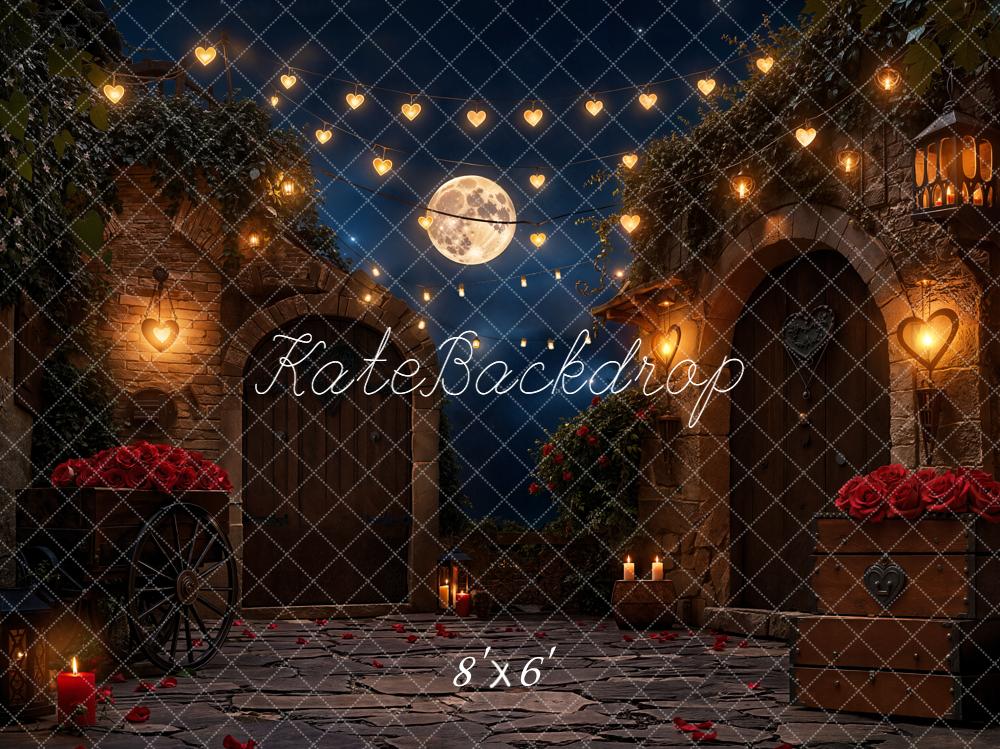 Kate Romantic Courtyard Heart Lights Moon Roses Fleece Backdrop Designed by Emetselch -UK