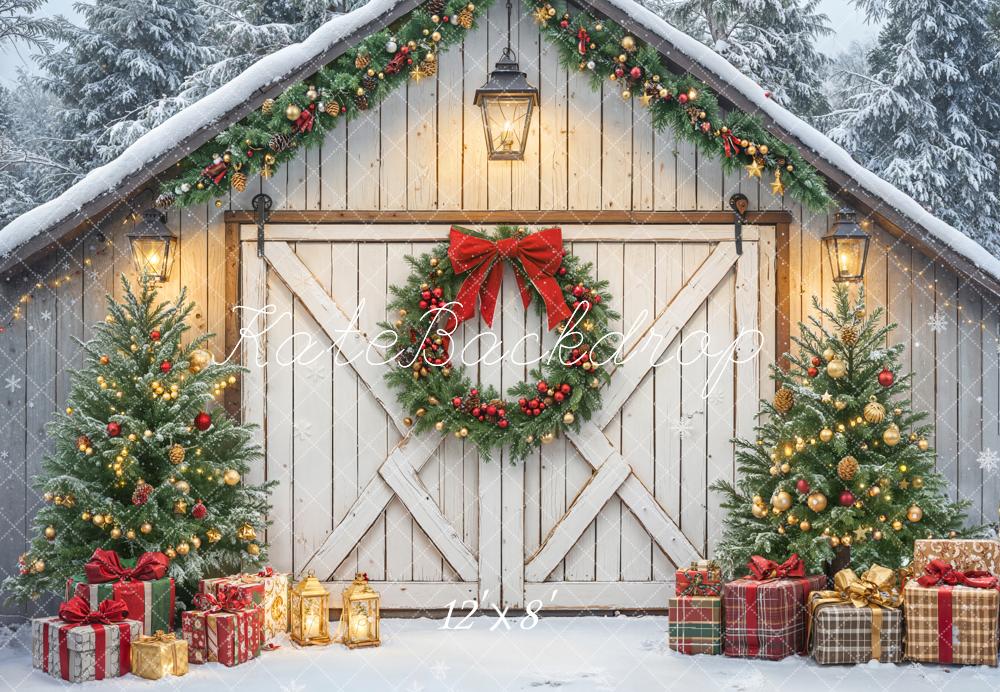 Kate Christmas Barn Door Wreath Trees Fleece Backdrop Designed by Emetselch -UK