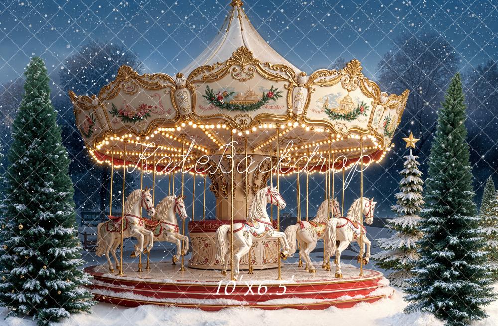 Kate Carousel Horses Snowy Christmas Trees Backdrop Designed by Emetselch -UK