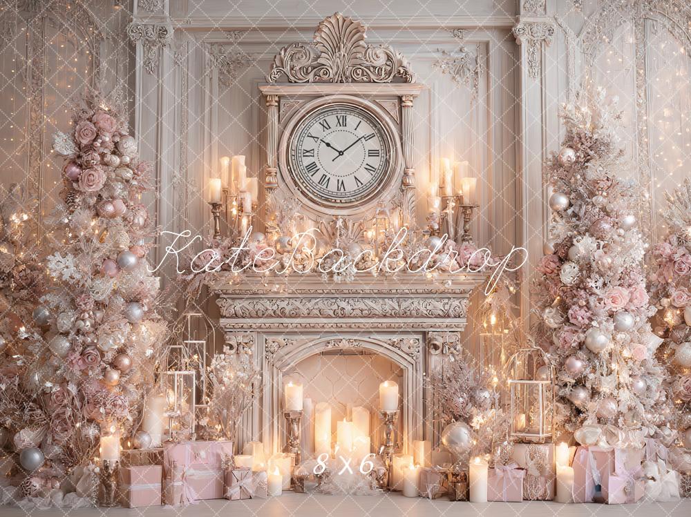 Kate Christmas Clock Fireplace Pink Trees Backdrop Designed by Ashley Paul