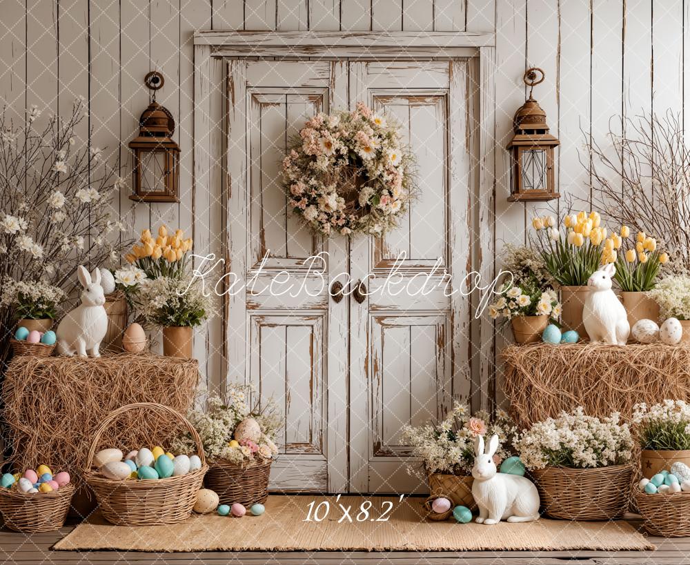 Kate Easter Bunny Eggs Rustic Door Fleece Backdrop Designed by Emetselch