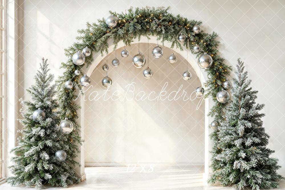 Kate Christmas Arch Silver Baubles Frosted Trees Backdrop Designed by Emetselch