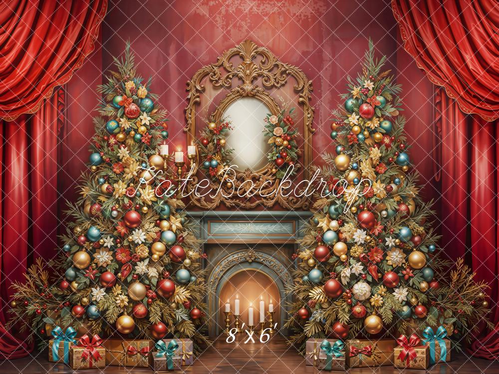Kate Christmas Trees Fireplace Gifts Red Curtains Backdrop Designed by Emetselch