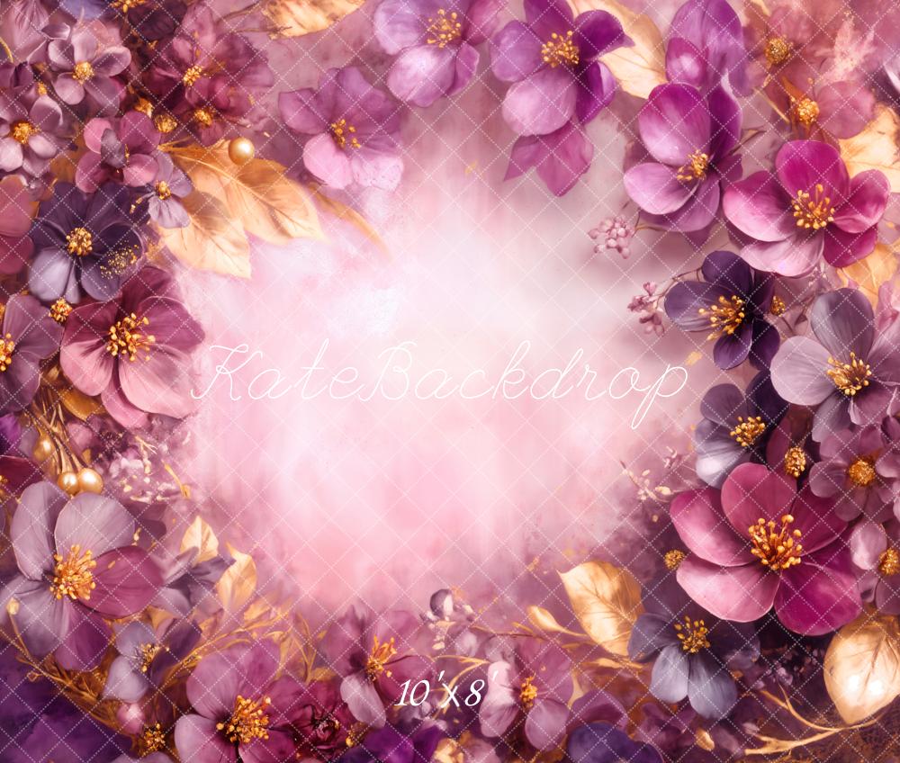 Kate Purple Gold Flowers Abstract Fleece Backdrop Designed by Emetselch