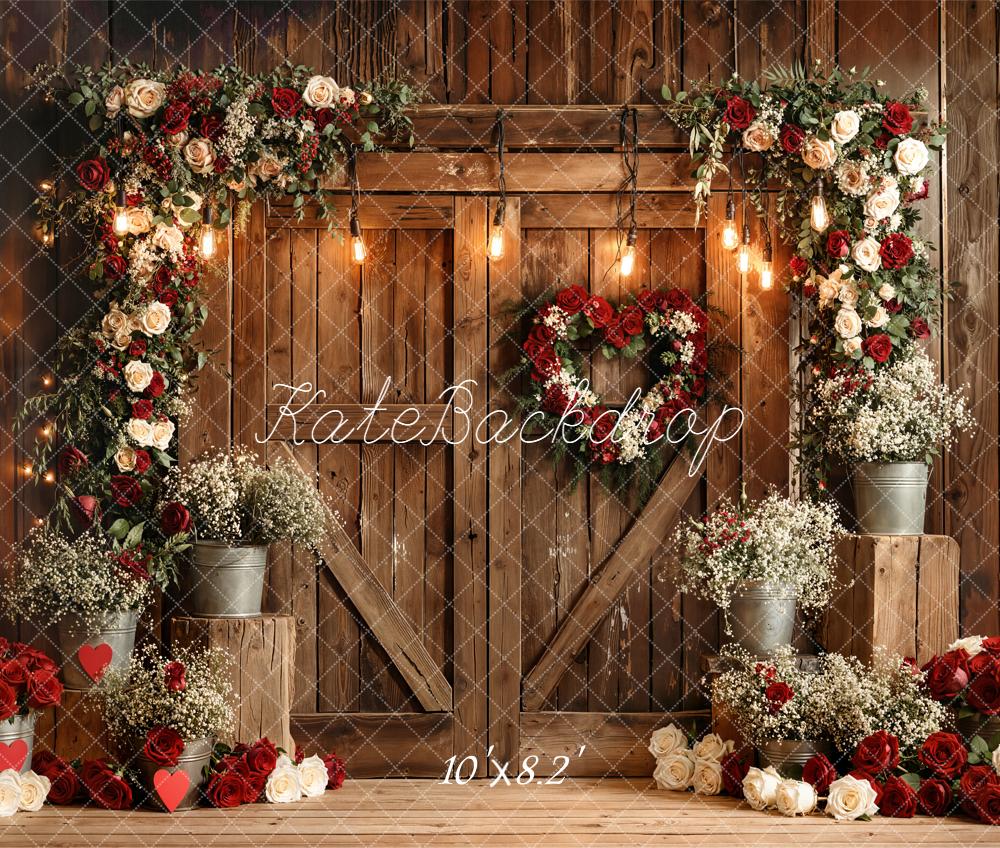Kate Flower Arch Red White Roses Rustic Wood Fleece Backdrop Designed by Emetselch -UK