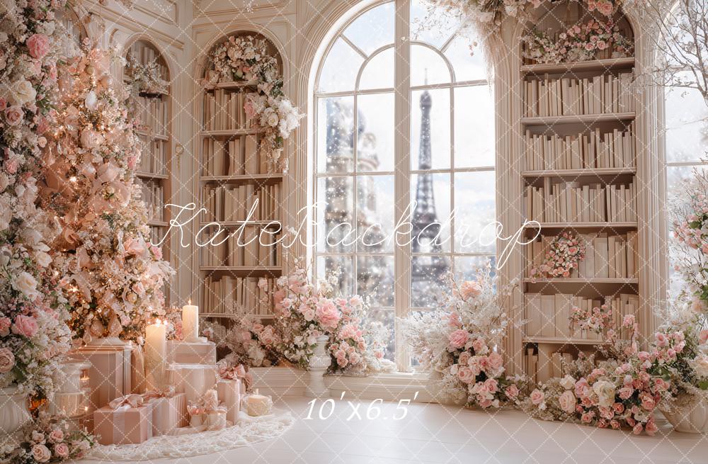 Kate Christmas Pink Floral Bookshelves Window Backdrop Designed by Ashley Paul