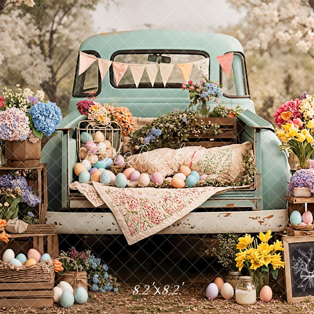 Kate Easter Truck Floral Pastel Eggs Backdrop Designed by Emetselch