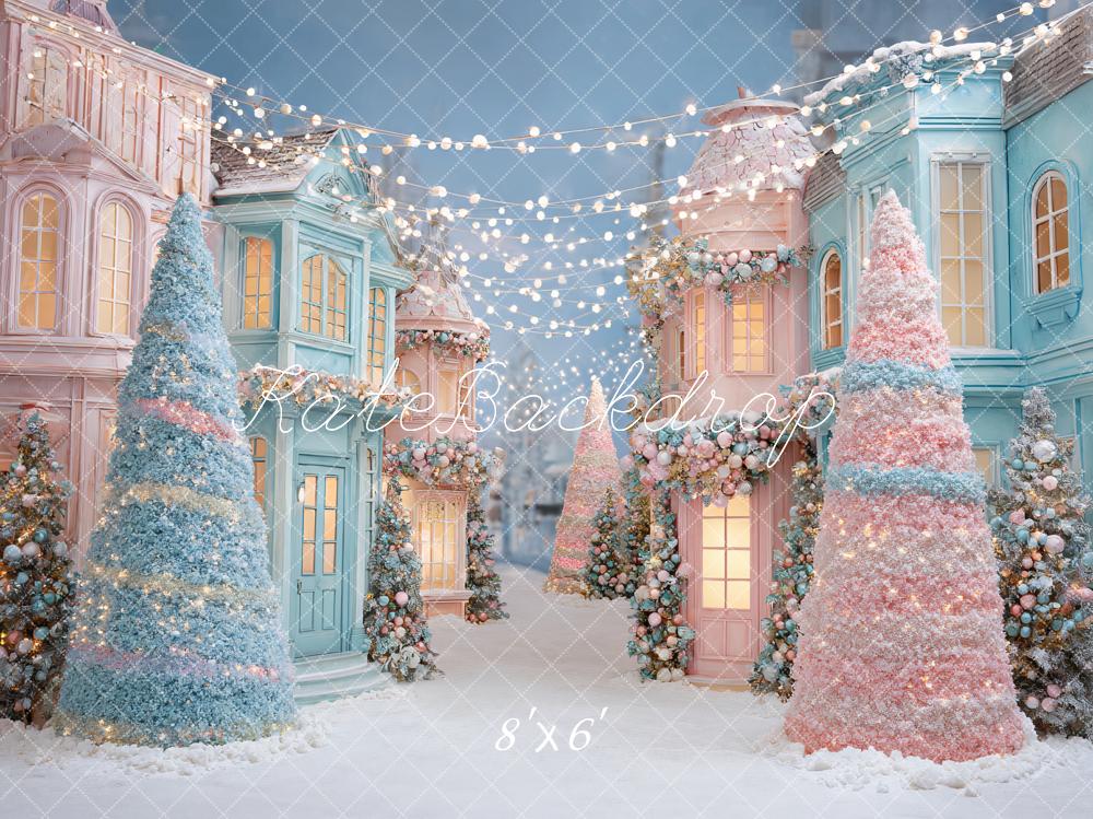 Kate Christmas Pastel Village Trees Backdrop Designed by Ashley Paul