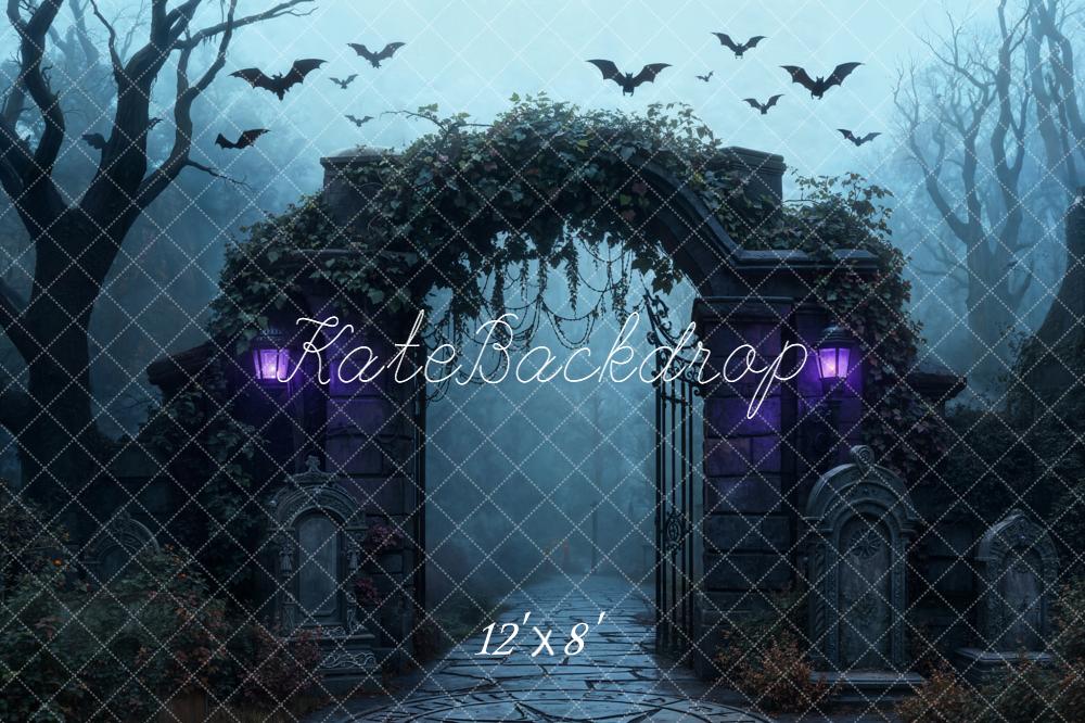 Kate Halloween Cemetery Arch Gate Bats Backdrop Designed by Emetselch