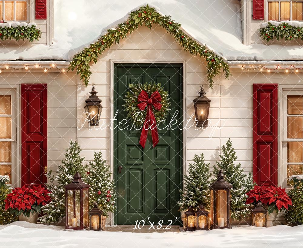 Kate Christmas House Red Green Door Wreath Backdrop Designed by Emetselch -UK