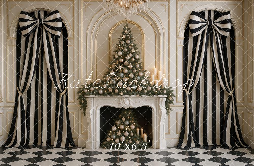 Kate Christmas Tree Fireplace Striped Bows Backdrop Designed by Ashley Paul