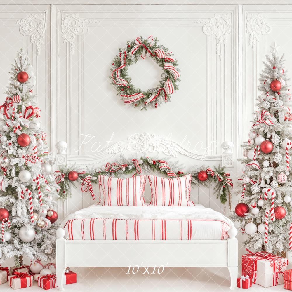 Kate Christmas Candy Cane Trees White Bed Backdrop Designed by Emetselch -UK