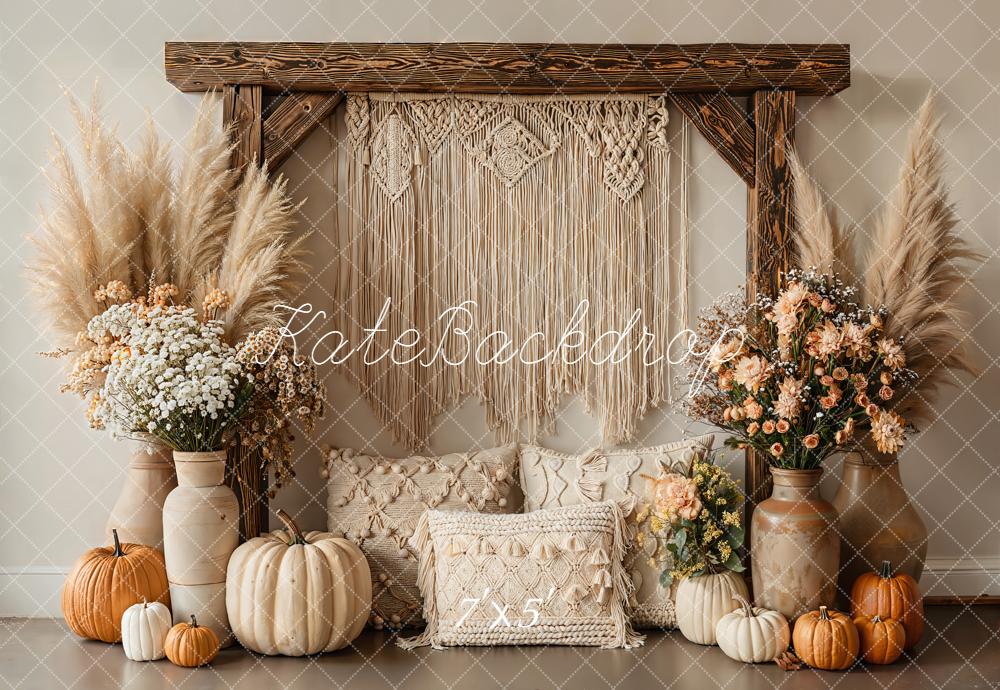 Kate Boho Macrame Pampas Pumpkins Neutral Backdrop Designed by Emetselch