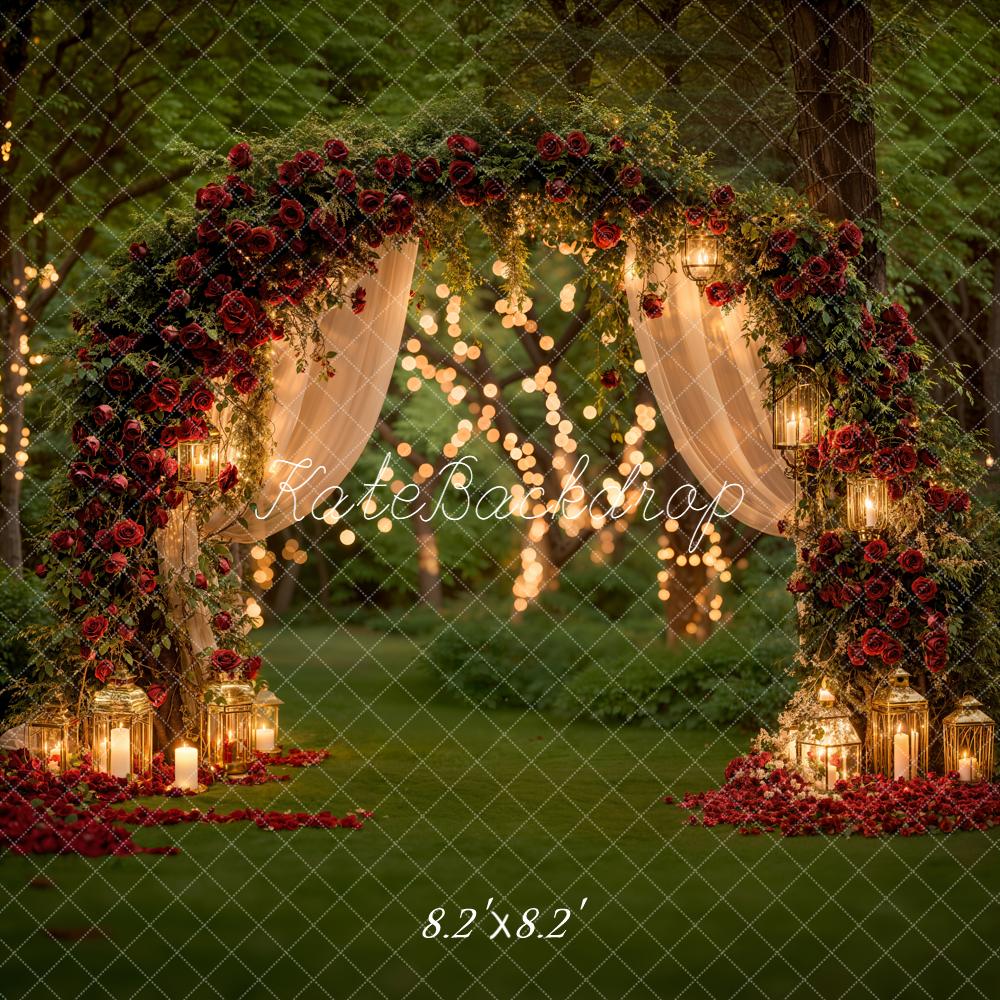 Kate Valentine Roses Arch Fairy Lights Forest Backdrop Designed by Emetselch
